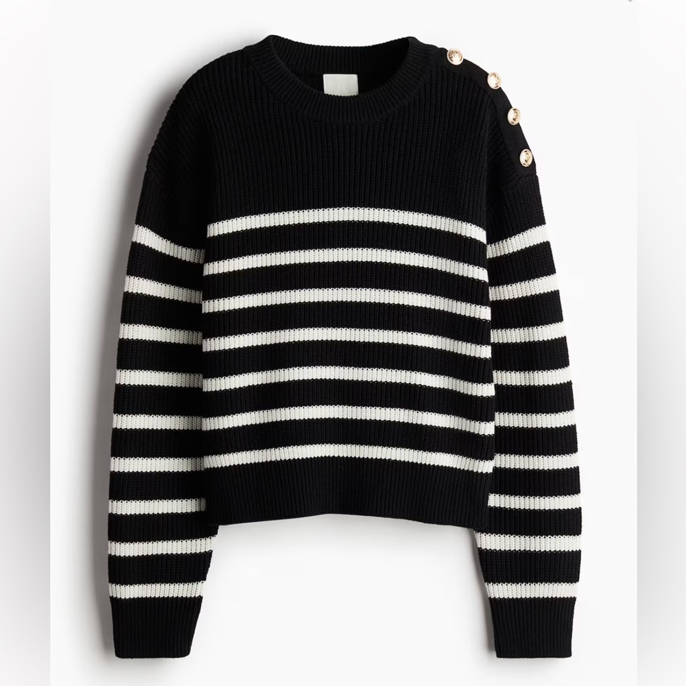 H&M Striped Black and White Button-Detail Knit Sweater M